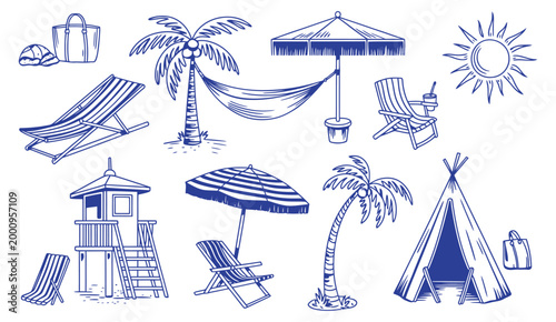 Hand drawn beach lounge chair with umbrella, boho teepee tent and coastal picnic elements, vacation themed illustration with hammock and relaxing summer vibe.
