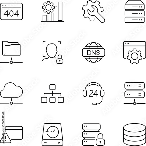 Web hosting server data security cloud services icons, server, cloud, DNS, security, database, support, network, backup