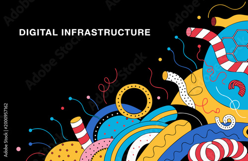 Abstract illustration showcases intricate colorful curves and circular motifs arranged over a dark canvas to highlight the dynamic and organic nature of expanding digital infrastructure across global.