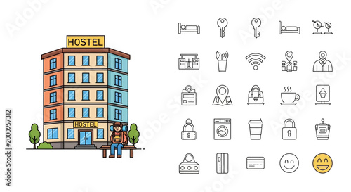 Colorful hostel building with people.