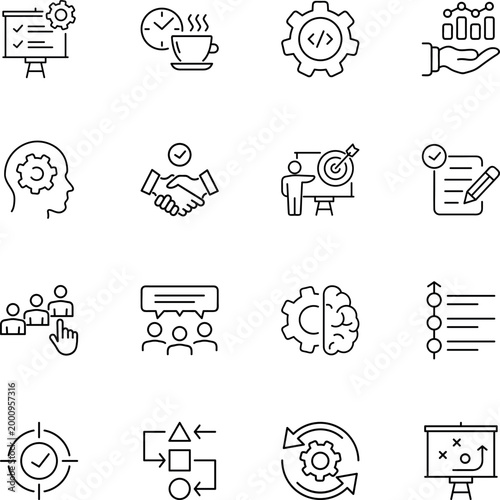 business strategy planning project management icons, gear, handshake, target, clipboard, coffee cup, brain, chart, people, pencil
