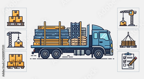 Large blue truck carrying construction materials.
