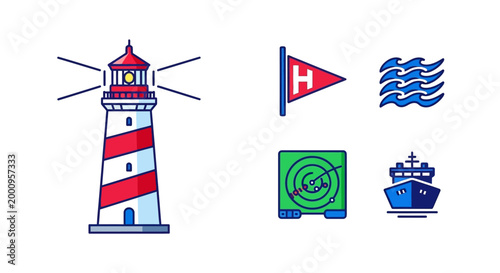 Lighthouse with navigation icons nearby sea.
