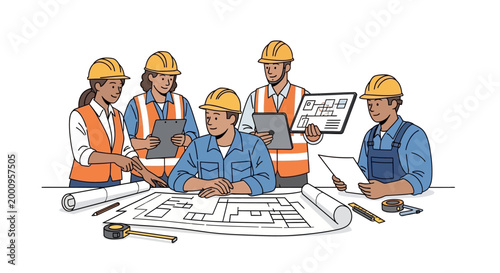 Construction workers in hard hats meeting.