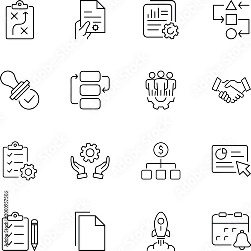 Business strategy planning management development process icons, clipboard, document, gear, handshake, rocket, flowchart, calendar, team