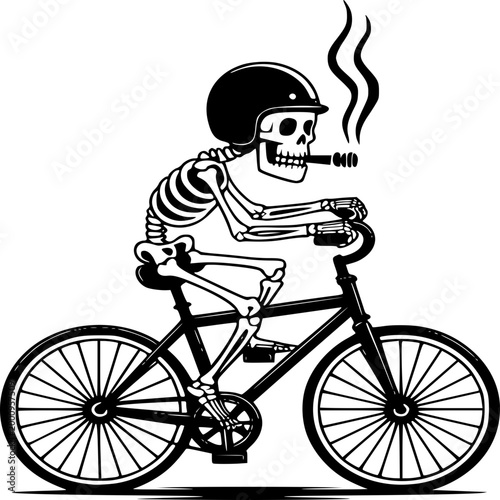 Skull Rider on Bicycle: A skeletal figure, clad in a helmet, confidently maneuvers a bicycle, while indulging in a cigar. A humorous blend of the macabre and the mundane, perfect for projects.
