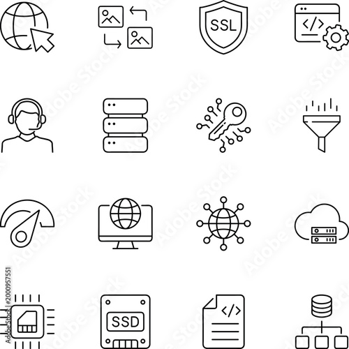Internet security web development technology icons, globe, server, SSL, cloud, headset, code, SSD