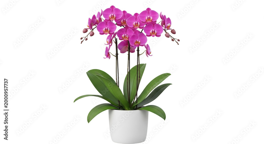 Obraz premium Potted phalaenopsis orchid plant with vibrant magenta flowers and broad green leaves in a white ceramic pot, isolated on
