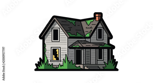 Abandoned house with broken window.