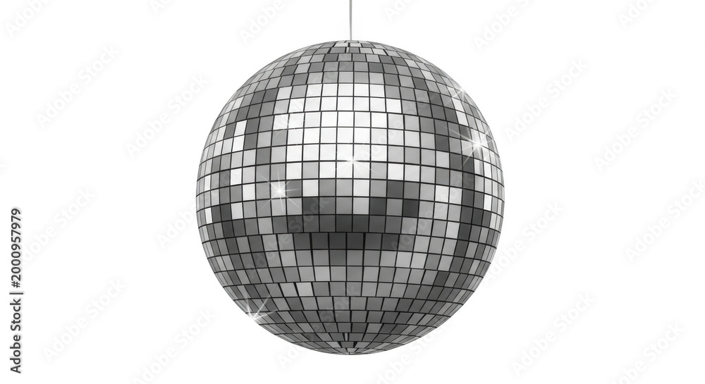 Fototapeta premium Reflective silver disco ball with small square mirror tiles, hanging sphere for parties and dance clubs, isolated on
