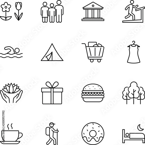 Universal everyday activities objects recreation food icons, family, shopping cart, hamburger, coffee cup, tent, trees, gift