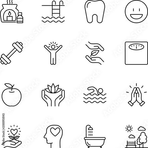 Healthy lifestyle wellness self-care physical mental icons, dumbbell, apple, tooth, scale, bathtub, pool, lotus, leaf, heart