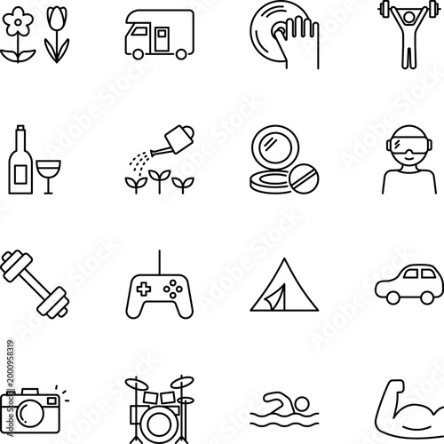 Lifestyle hobbies leisure activities object collection set icons, RV, game controller, tent, camera, dumbbell, drums, makeup