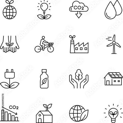 Environmental protection eco friendly sustainability icon set, globe, plant, lightbulb, CO2, water, bicycle, wind turbine