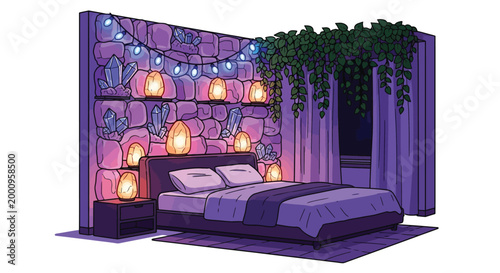 Bed with purple sheets and pillows.