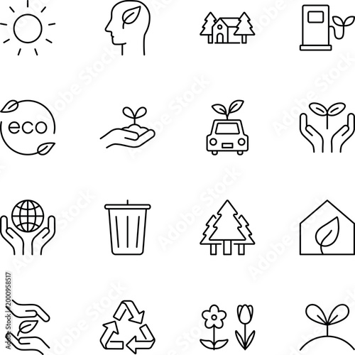 Environmental sustainability nature ecology green energy icons, sprout, hands, earth, recycle, tree, car, sun, gas station