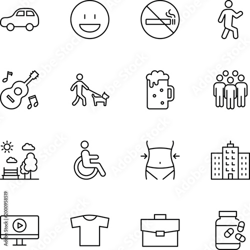 Common everyday life activities objects icons collection, car, emoji, no smoking, guitar, beer, people, park, wheelchair