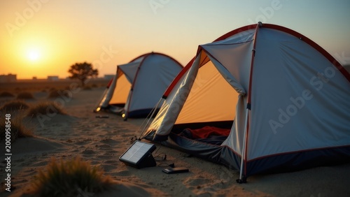 Two tents set up on a sunny sandy beach, great for camping or relaxation