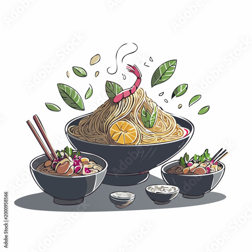 Delicious Asian noodle soup with fresh ingredients and aromatic steam rising, a vibrant illustration of a healthy meal