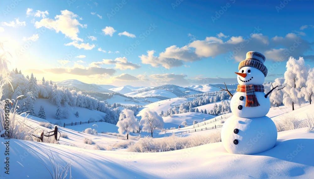 Obraz premium Snowy landscape featuring a snowman under a bright blue sky with snowy mountains