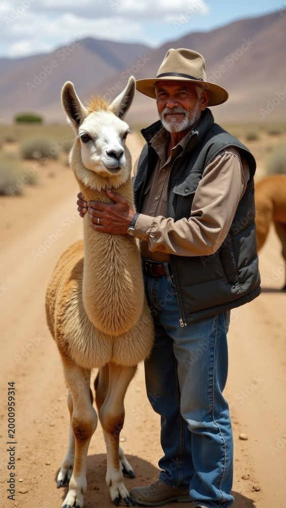 Fototapeta premium A man stands beside a llama on a dirt road, a serene and peaceful scene
