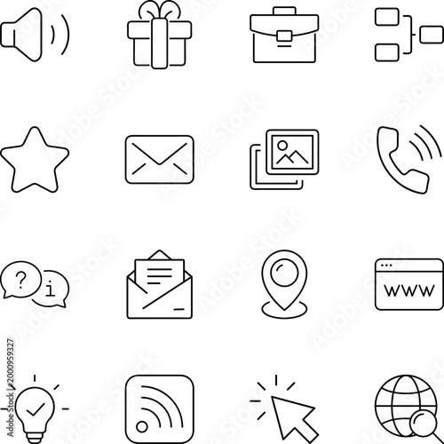Web user interface business communication icon set, envelope, phone, briefcase, lightbulb, map pin, star, browser, chat