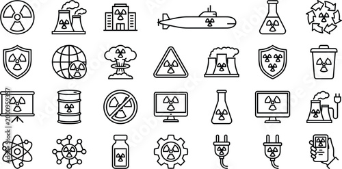 Nuclear Energy and Radiation Line Icon Set Featuring Hazard Warning Atomic Power Safety Waste and Industrial Symbols for Apps Websites