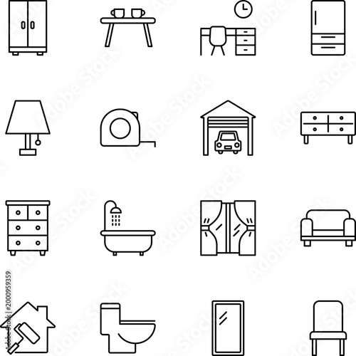 Home furniture household items interior design icons, wardrobe, table, desk, refrigerator, lamp, garage, dresser, bathtub, sofa
