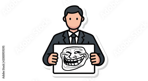 Businessman holding troll face meme board.