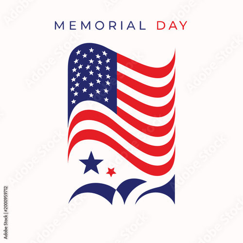 Minimal Memorial Day Vector Poster with Folded Flag and Stars Patriotic Line Art Design
