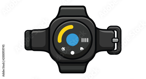 Black smartwatch with blue circle button.