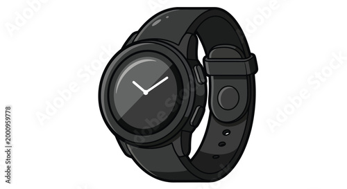 Black smartwatch with white clock hands.