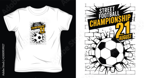Soccer ball breaking brick wall street football championship event vector illustration.