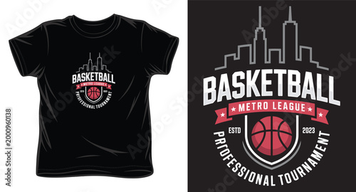 Basketball metro league professional tournament t-shirt design with skyline city silhouette and shield insignia.