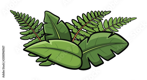 Collection of large green tropical leaves.