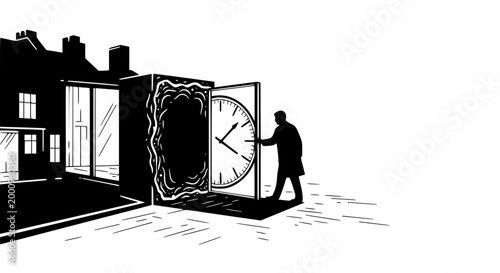 Surreal Black and White Illustration of a Man Opening a Clock Portal Door