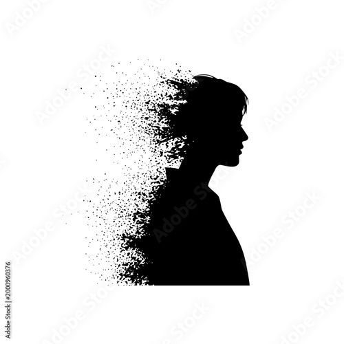 Silhouette of a woman's profile dissolving into small particles on white background