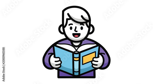 Boy reading a book happily outside.