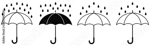 Umbrella icon set, simple weather protection symbols, rain cover and shelter icons, clean vector illustration for mobile apps, forecasting platforms, and safety or insurance related design projects.