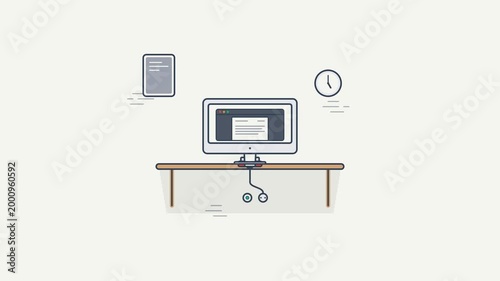 Clean Workspace Desk Animation with Computer Monitor Tablet Clock and Cables