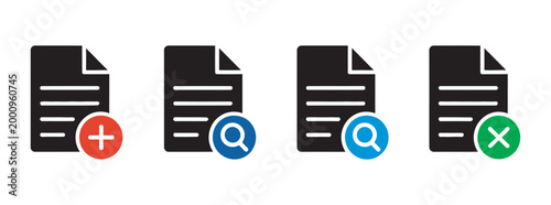 Document management icons, streamline workflow with add delete search functionalities for organized file handling digital system and UI design set