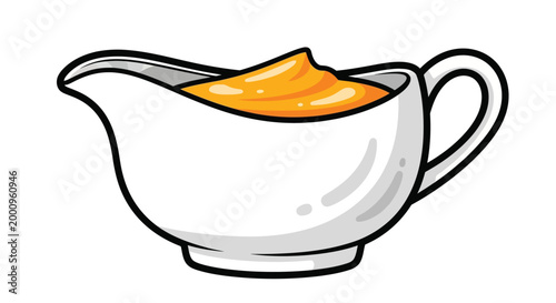 Cartoon gravy boat filled with sauce.