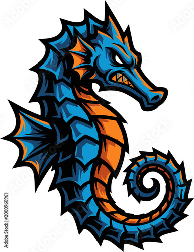 Aggressive Blue and Orange Seahorse Mascot Illustration with Fierce Expression and Curled Tail