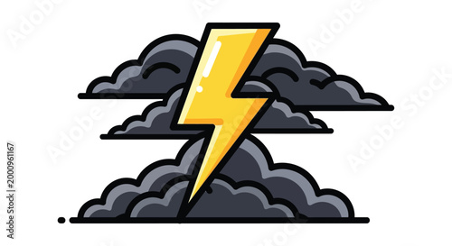 Cartoon lightning bolt from stormy clouds.