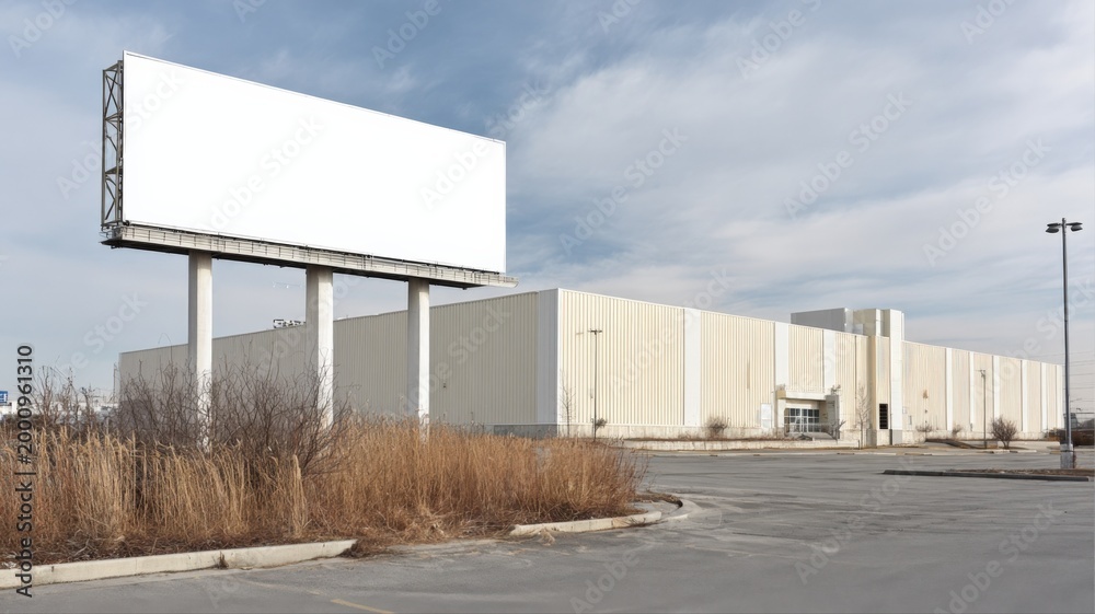 Obraz premium Empty Blank Billboard Overlooking Abandoned Retail Storefront in Desolate Urban Landscape