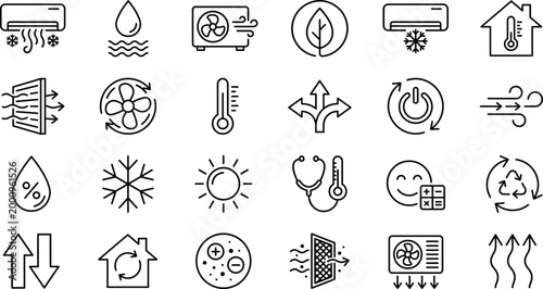 Climate Control and Air Conditioning Line Icon Set Featuring Heating Cooling Ventilation Humidity Temperature and Smart Home Environment Symbols