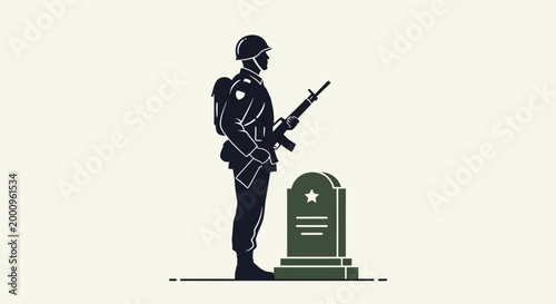 Soldier standing by grave monument.