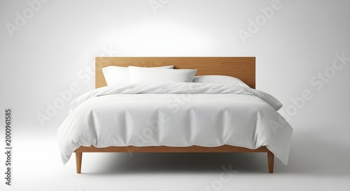 Minimalist bedroom scene a white bed with wooden headboard and clean linens