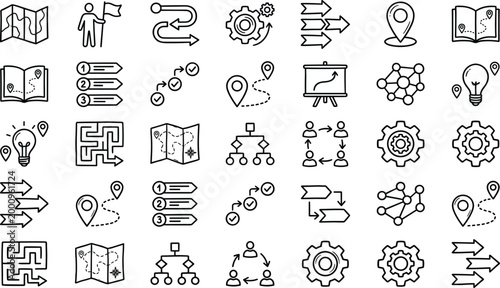 Business Strategy and Navigation Line Icon Set Featuring Roadmap Planning Workflow Direction Location and Process Management Symbols for Apps and Websites