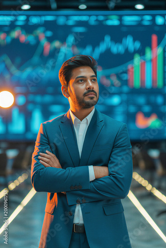 Confident businessman looking into the distance with financial data graph